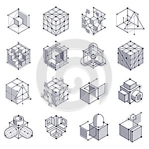 Isometric abstract black and white backgrounds set with linear d