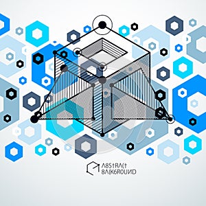 Isometric abstract blue background with linear dimensional cube