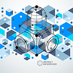 Isometric abstract blue background with linear dimensional cube