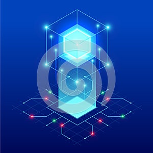 Isometric abstract blue cube design. Digital Technology Web Banner. BIG DATA Machine Learning Algorithms. Analysis and