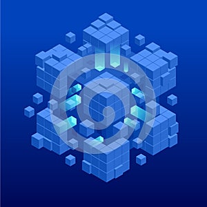 Isometric abstract blue cube design. Digital Technology Web Banner. BIG DATA Machine Learning Algorithms. Analysis and