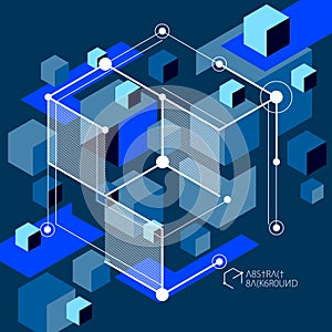 Isometric abstract dark blue background with linear dimensional cube shapes, vector 3d mesh elements. Layout of cubes, hexagons,