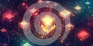 Isometric Abstract Perspective of Data Structures with Glowing Elements in a Digital Environment