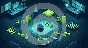 Isometric Abstract Tech Data Visualization with Chart Elements and Digital Interfaces