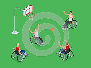 Isometric Active healthy disabled men basketball players in a wheelchair detailed sport concept illustration background