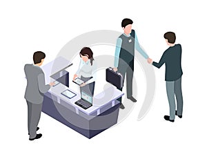 Isometric administrator. Woman talk with man. Business meeting and handshake. People on conference or office workers