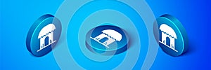 Isometric African hut icon isolated on blue background. African house symbol. Blue circle button. Vector