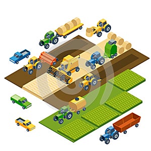 Isometric agricultural equipment, farm tractors photo