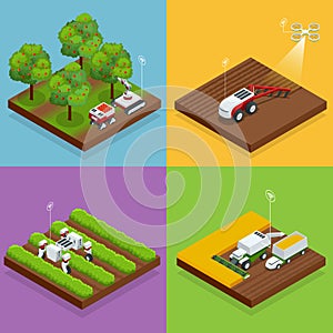 Isometric agriculture automatic guided robots harvest fruit from trees and harvest berries, combined harvester-thresher