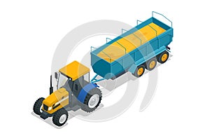 Isometric Agriculture Tractor with Grain Hopper Trailer. Semi tractor and used to haul bulk commodity products, such as