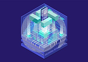 Application containerization and modular software development concept with symbol of smartphone and containers as isometric vector