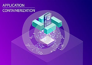 Software and application containerization concept. 3d isometric vector illustration with floating smart phone and containers as sy