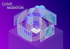 Cloud migration concept with symbol of floating cloud and upload arrow as isometric 3d vector illustration photo
