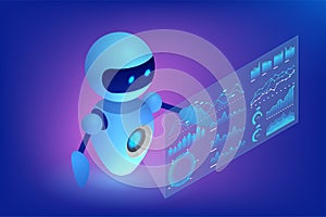 Isometric AI chatbot robot interacting with holographic data dashboards above a smartphone. Neon blue and purple photo
