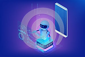 Isometric AI chatbot robot interacting with holographic data dashboards above a smartphone. Neon blue and purple photo