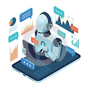 Isometric AI Customer Support Robot Assisting User