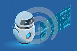 Isometric AI robot interacting with digital analytics interface, displaying KPIs, data insights AI-Driven Workflow. Big