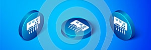 Isometric Air conditioner icon isolated on blue background. Split system air conditioning. Cool and cold climate control