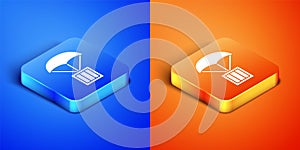 Isometric Airdrop box icon isolated on blue and orange background. Square button. Vector