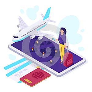 Isometric airplane travel. Traveler suitcase, airplane travels and traveling 3d vector illustration