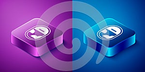 Isometric Airplane window icon isolated on blue and purple background. Aircraft porthole. Square button. Vector