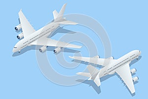 Isometric Airplanes on Blue Background. Industrial Blueprint of Airplane. Airbus Industries EADS Airbus A380 super jumbo photo