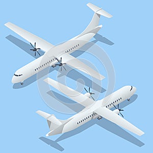 Isometric Airplanes on Blue Background. Turboprop Regional airliner. Industrial Blueprint of Airplane. Airliner ATR 42