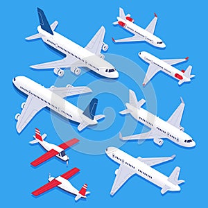 Isometric airplanes. Passenger jet airplane, private aircraft and airline plane. Aviation planes 3d isolated vector set