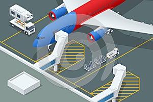 Isometric Airport embarking on airplanes Airbus. Air passengers during embarkation. Jet Bridge movable skybridge at photo