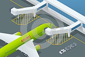 Isometric Airport embarking on airplanes Airbus. Air passengers during embarkation. Jet Bridge movable skybridge at