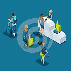 Isometric airport passengers pass passport control, business people with luggage are standing in line, business trip, vector illus