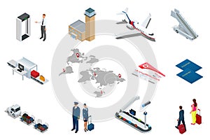 Isometric Airport Travel and transport Icons. Isolated people, airport terminal, airplane, traveler man and woman