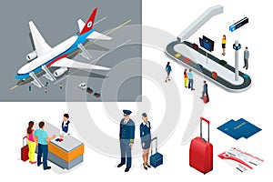 Isometric Airport Travel and transport Icons. Isolated people, airport terminal, airplane, traveler man and woman