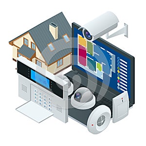 Isometric alarm system home. Home security. Security alarm keypad with person arming the system. Access, Alarm zones