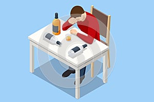 Isometric Alcohol Addiction Concept. Depressed Man Suffering from Alcoholism