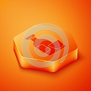 Isometric Alcohol drink Rum bottle and glass icon isolated on orange background. Orange hexagon button. Vector