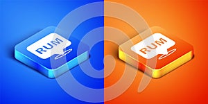 Isometric Alcohol drink Rum bottle icon isolated on blue and orange background. Square button. Vector