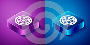 Isometric Alloy wheel for a car icon isolated on blue and purple background. Square button. Vector Illustration