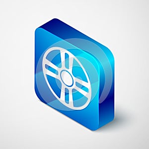 Isometric Alloy wheel for a car icon isolated on grey background. Blue square button. Vector