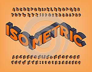 Isometric alphabet font. 3d effect simple letters and numbers in shaded colors.
