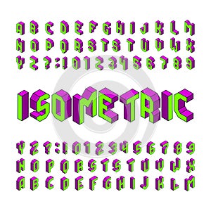 Isometric alphabet font. 3d effect letters and numbers. Isolated on white background.