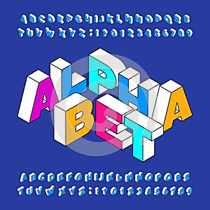 Isometric alphabet font. Three-dimensional effect bold letters and numbers.