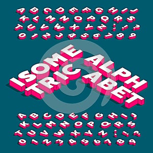 Isometric alphabet font. Three-dimensional effect bold letters and numbers with drop shadow.