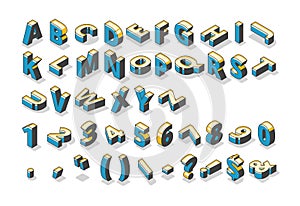 Isometric alphabet, numbers and punctuation marks photo