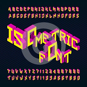 Isometric alphabet vector font. 3D bright letters and numbers on a dark background.