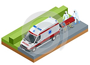 Isometric Ambulance Emergency Paramedic Carrying Patient in Stretcher. Emergency medical service.