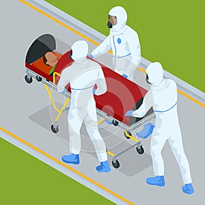 Isometric Ambulance Emergency Paramedic Carrying Patient in Stretcher. Emergency medical service.