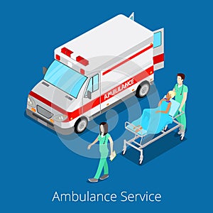 Isometric Ambulance Service with Emergency Car, Nurse Doctor and Patient