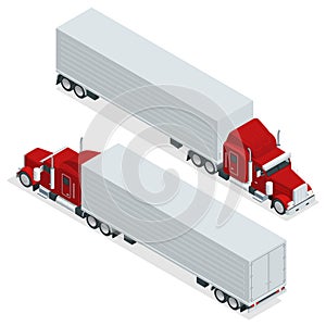 Isometric American Show truck tractor. Transporting large loads over long distances. Logistics network. Intermodal