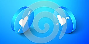 Isometric Amour symbol with heart and arrow icon isolated on blue background. Love sign. Valentines symbol. Blue circle